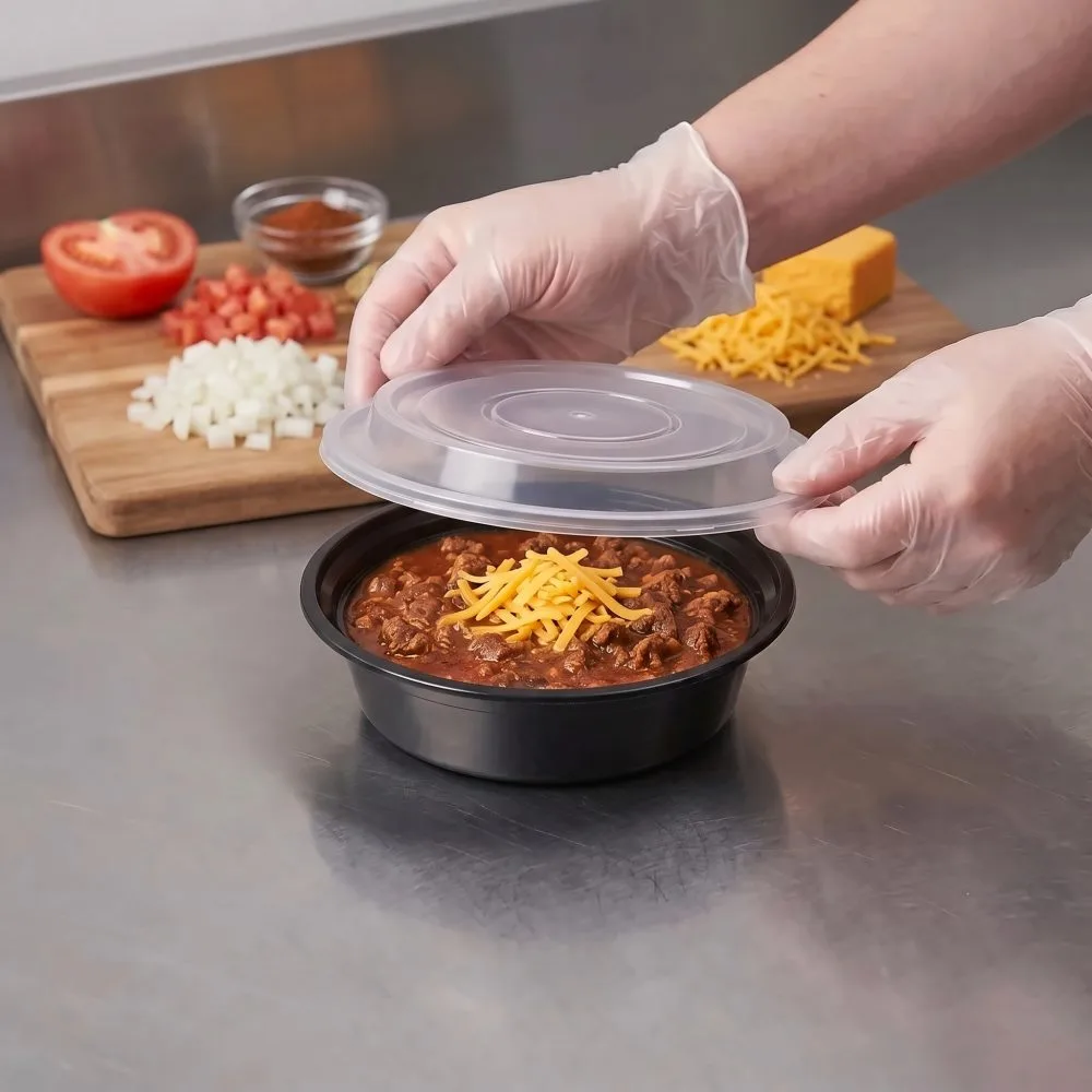 BIZCO Essentials Black Round Microwavable Heavy Weight Container with Lid