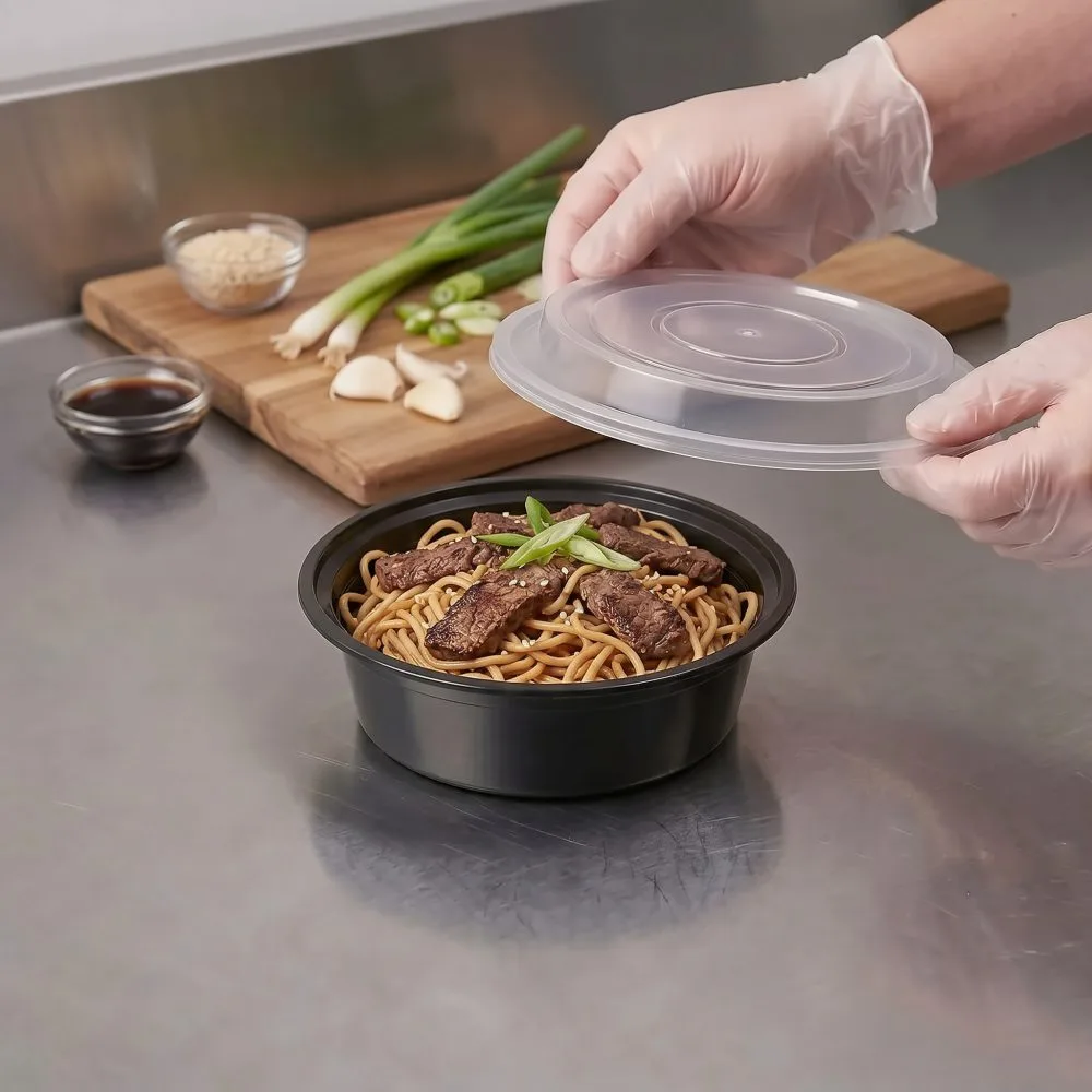 BIZCO Essentials Black Round Microwavable Heavy Weight Container with Lid