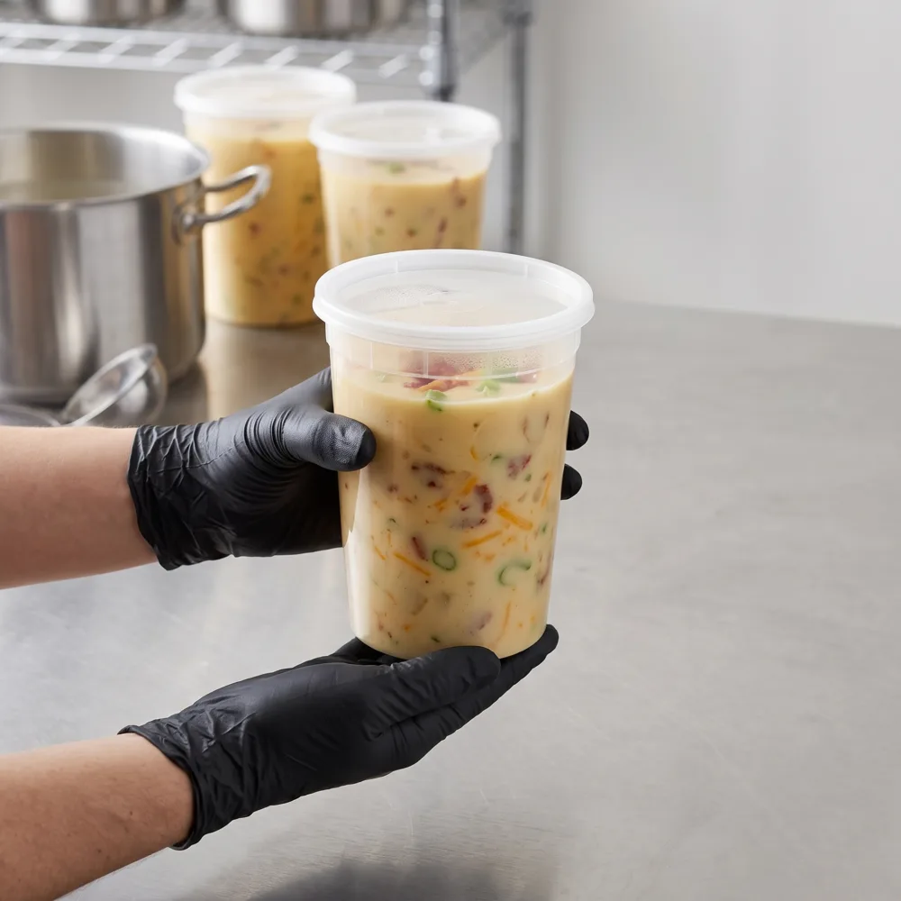 32 oz deli container holding soup
