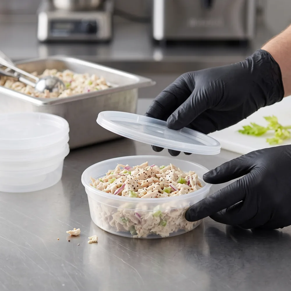 8 oz deli container holding chicken salad