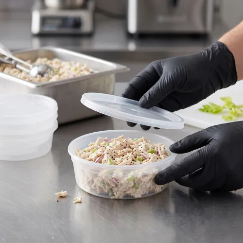 8 oz deli container holding chicken salad