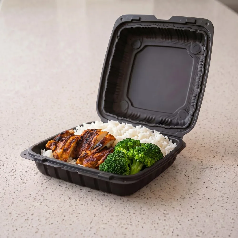 BIZCO Essentials Vented Black Mineral-Filled Plastic Hinged Take-Out Container