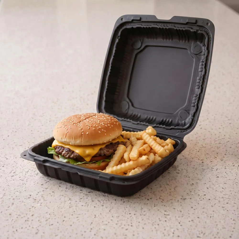 BIZCO Essentials Vented Black Mineral-Filled Plastic Hinged Take-Out Container