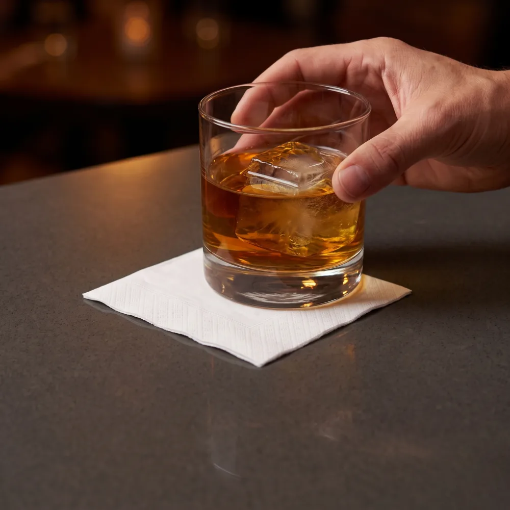 2-Ply White Cocktail Napkin holding a cocktail