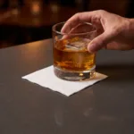 1-Ply White Cocktail Napkin holding a cocktail