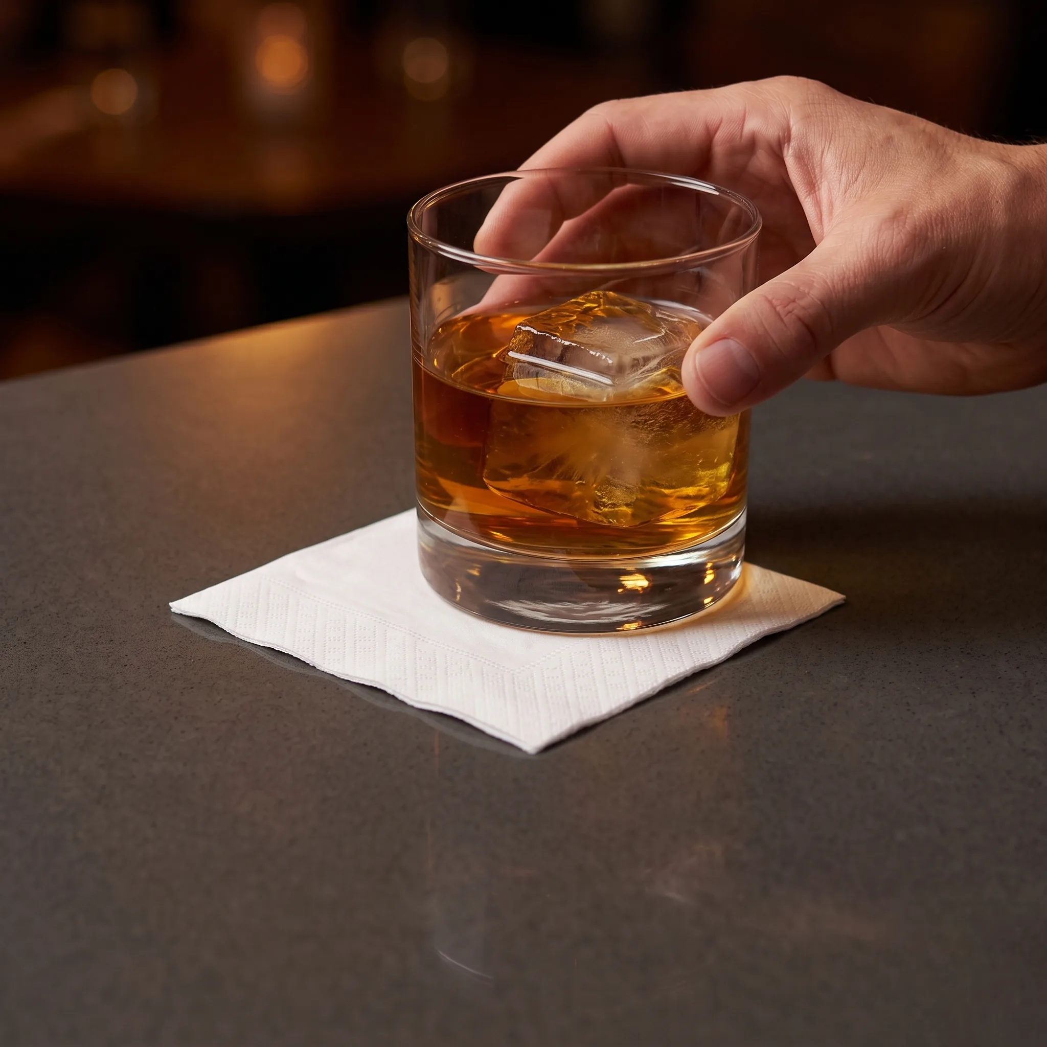 2-Ply White Cocktail Napkin holding a cocktail