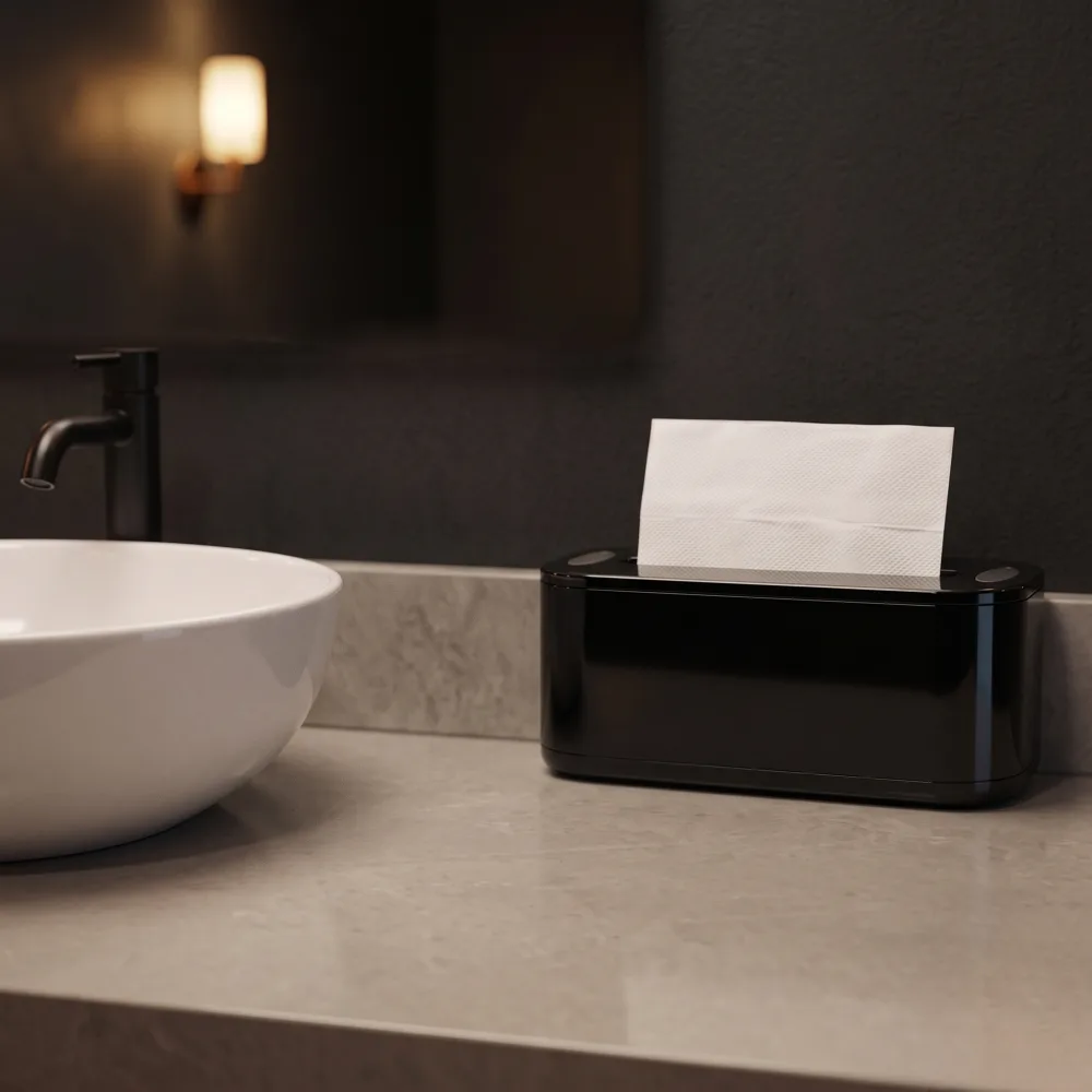 White Multifold Paper Towel being Dispensed in Bathroom