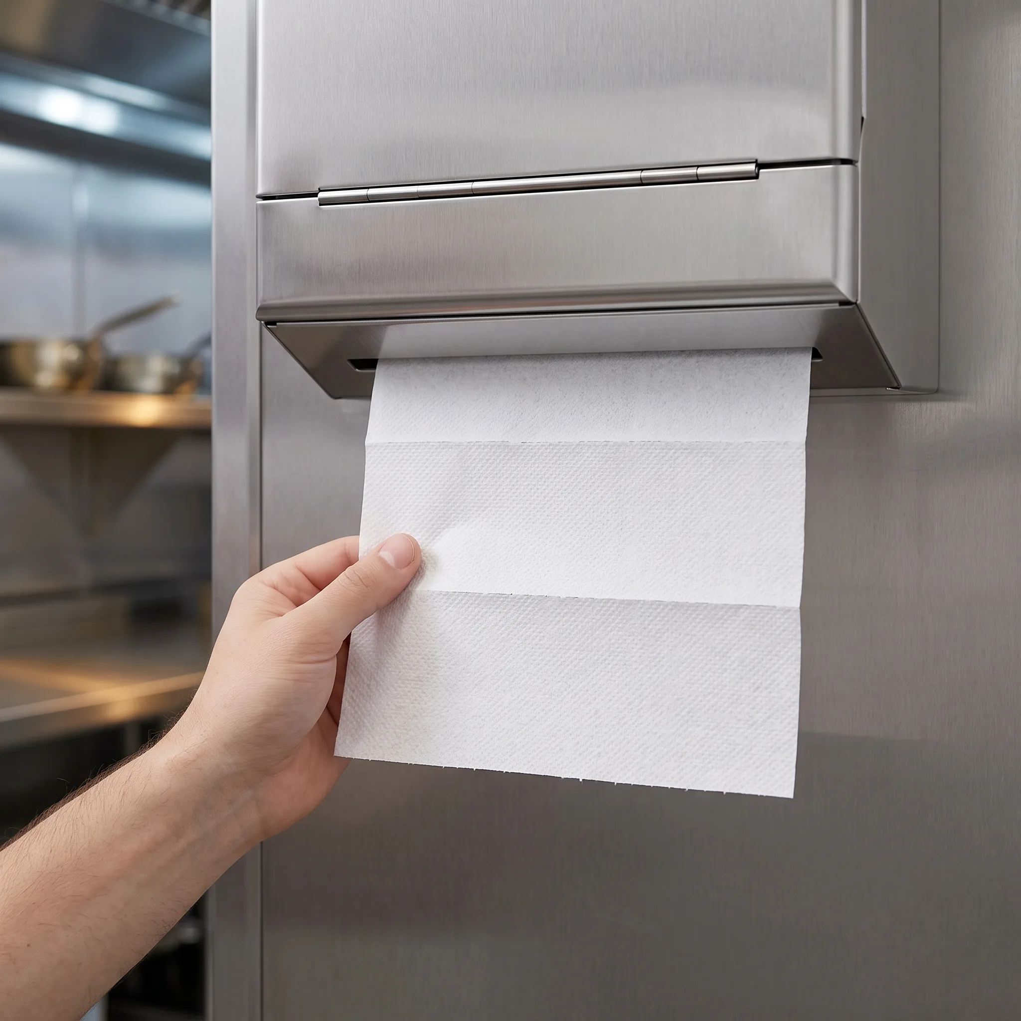 White Multifold Paper Towel being Dispensed in Restaurant